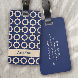 Blue Retro Vibe Flower Pattern Monogram Luggage Tag