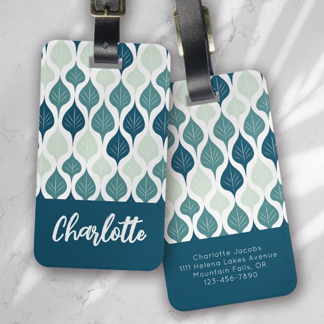 Blue Retro Vibe Leaf Pattern Monogram Luggage Tag (Creator Uploaded)