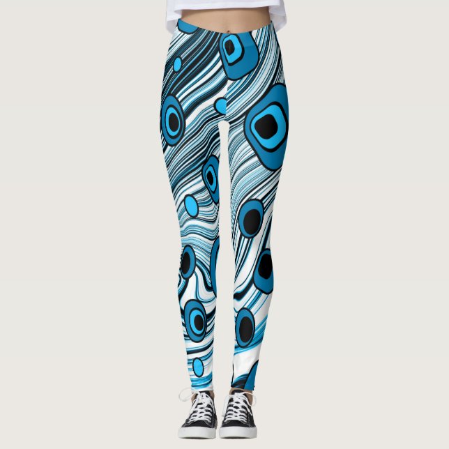 Blue Retro Wavy Art with Black and White Colour Leggings (Front)