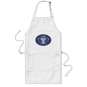 Blue Retro White Flourish Rose Long Apron