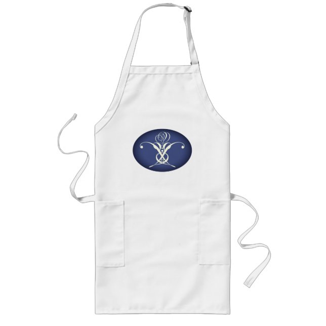 Blue Retro White Flourish Rose Long Apron (Front)