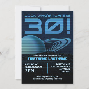 Blue Retrowave 30th Birthday Party Invitation