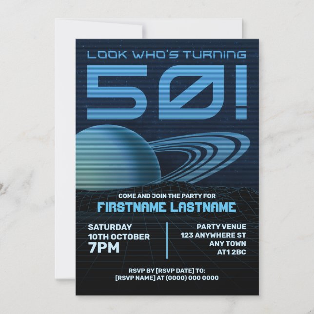 Blue Retrowave 50th Birthday Party Invitation (Front)