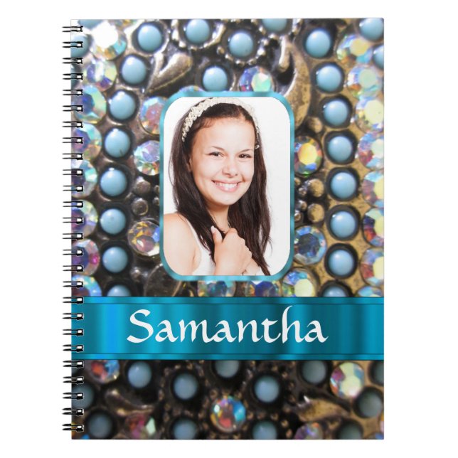 Blue rhinestone photo background notebook (Front)