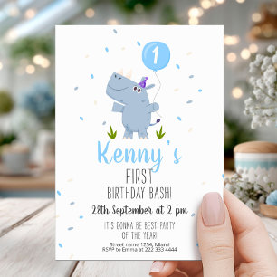 Blue Rhino First Birthday Party Invitation