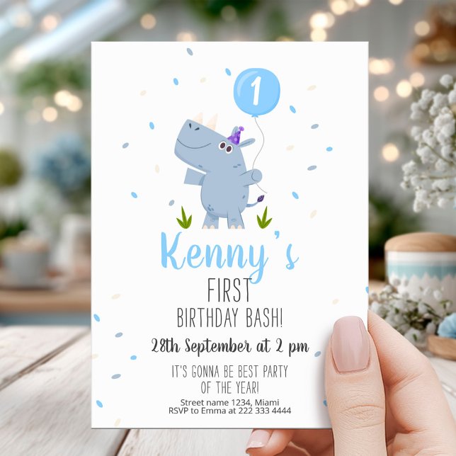 Blue Rhino First Birthday Party Invitation (Creator Uploaded)