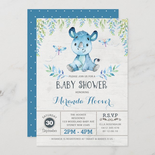 Blue Rhinoceros / Jungle Rhino Boy  Baby Shower Invitation (Front/Back)
