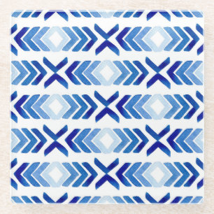 Blue Rhombus Arrows Watercolor Pattern Glass Coaster