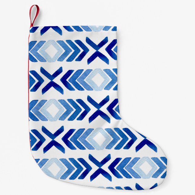 Blue Rhombus Arrows Watercolor Pattern Small Christmas Stocking (Front)