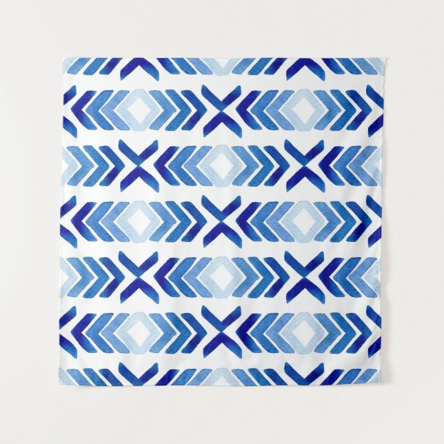 Blue Rhombus Arrows Watercolor Pattern Tapestry (Front)