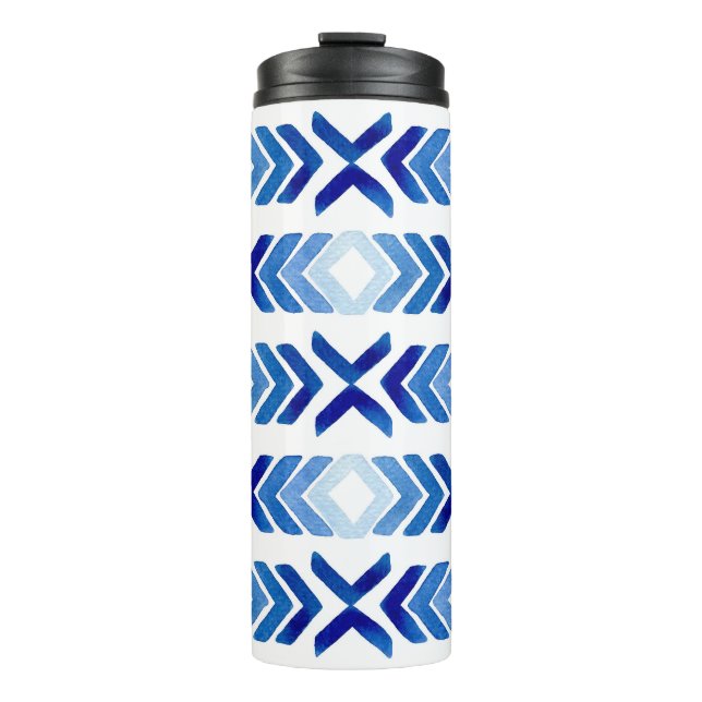Blue Rhombus Arrows Watercolor Pattern Thermal Tumbler (Front)