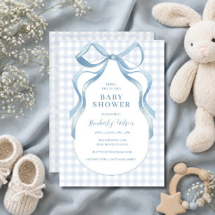 Blue Ribbon Bow Gingham Baby Shower Invitation