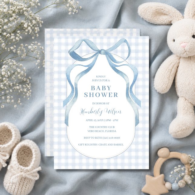Blue Ribbon Bow Gingham Baby Shower  Invitation (Blue Ribbon Bow Gingham Baby Shower Invitation)