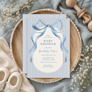 Blue Ribbon Bow Stripe Baby Shower Invitation