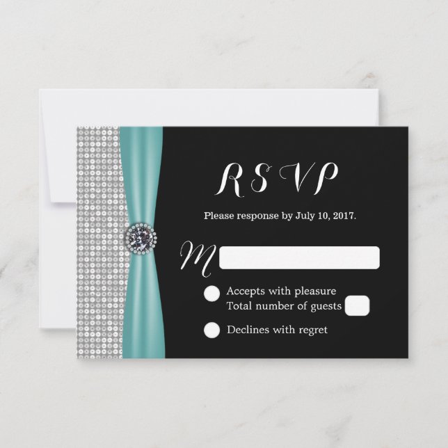 Blue Ribbon Diamond Modern Wedding RSVP Card (Front)