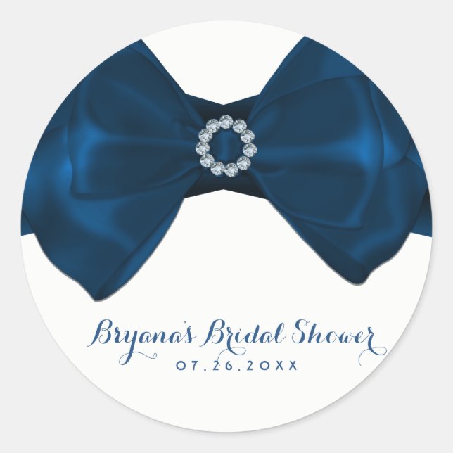 Blue Ribbon & Diamonds Bridal Shower Elegant Favou Classic Round Sticker (Front)