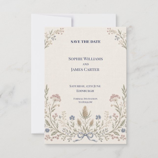 Blue Ribbon Folk Art Wildflower Wedding Save The Date (Front)