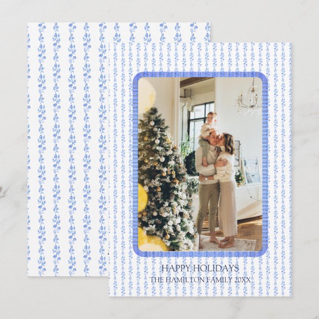 Blue Ribbon Frame Photo Grandmillennial Holiday Card (Front/Back)