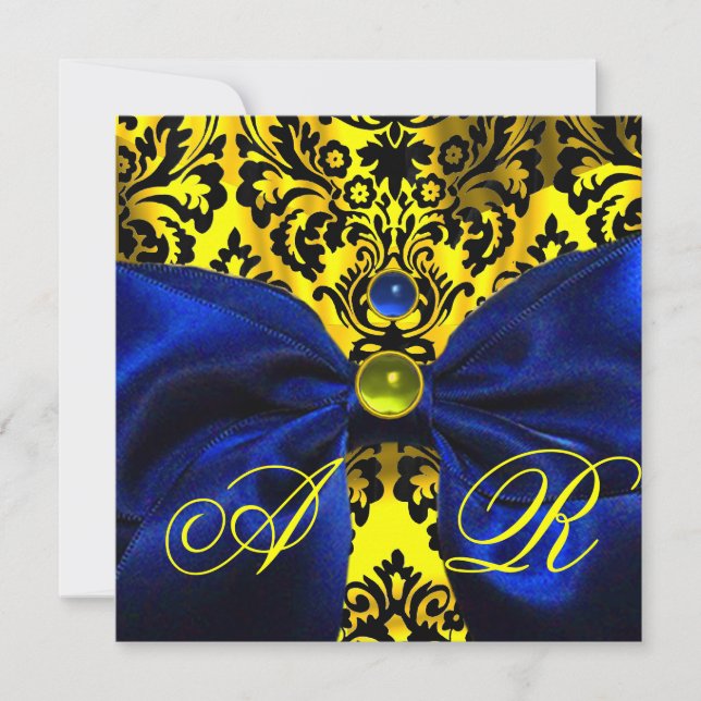 BLUE RIBBON GOLD YELLOW  BLACK  DAMASK MONOGRAM INVITATION (Front)