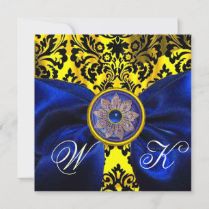 BLUE  RIBBON GOLD YELLOW  BLACK  DAMASK MONOGRAM INVITATION