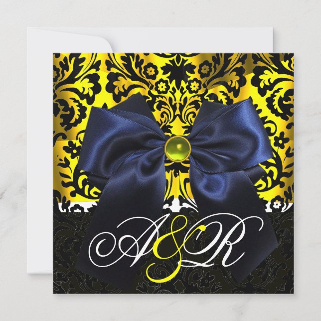 BLUE RIBBON GOLD YELLOW  BLACK  DAMASK MONOGRAM INVITATION (Front)