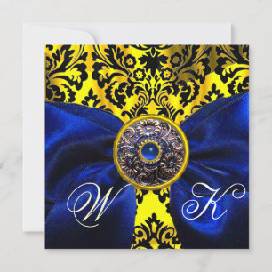 BLUE  RIBBON GOLD YELLOW  BLACK  DAMASK MONOGRAM INVITATION