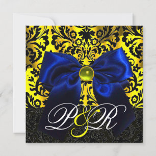 BLUE RIBBON GOLD YELLOW  BLACK  DAMASK MONOGRAM INVITATION