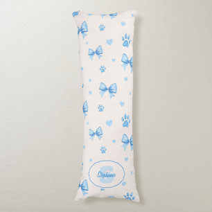 Blue Ribbon, Heart & Paw Print Pattern on White Body Cushion