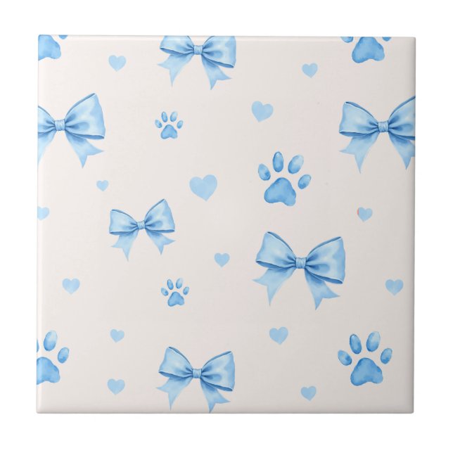 Blue Ribbon, Heart & Paw Print Pattern on White Ceramic Tile (Front)