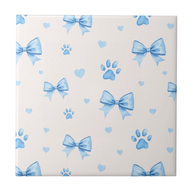 Blue Ribbon, Heart & Paw Print Pattern on White Ceramic Tile (Front)