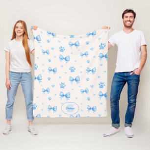 Blue Ribbon, Heart & Paw Print Pattern on White Fleece Blanket