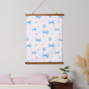 Blue Ribbon, Heart & Paw Print Pattern on White Hanging Tapestry