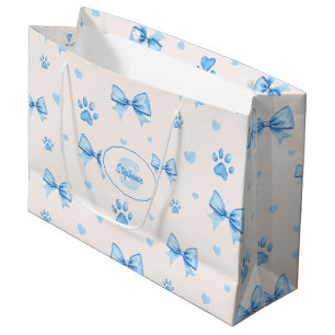 Blue Ribbon, Heart & Paw Print Pattern on White Large Gift Bag