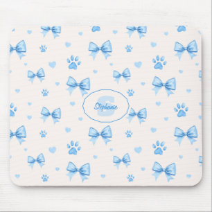 Blue Ribbon, Heart & Paw Print Pattern on White Mouse Pad