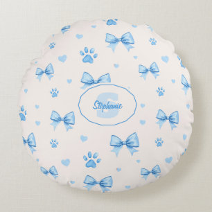 Blue Ribbon, Heart & Paw Print Pattern on White Round Cushion