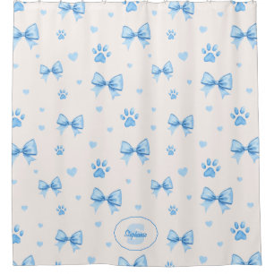 Blue Ribbon, Heart & Paw Print Pattern on White Shower Curtain