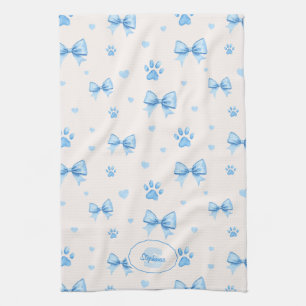Blue Ribbon, Heart & Paw Print Pattern on White Tea Towel