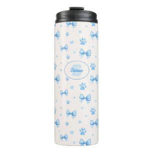 Blue Ribbon, Heart & Paw Print Pattern on White Thermal Tumbler