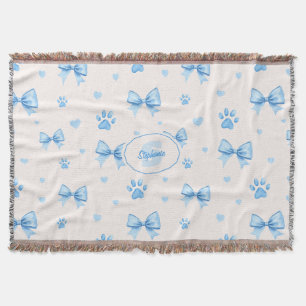 Blue Ribbon, Heart & Paw Print Pattern on White Throw Blanket
