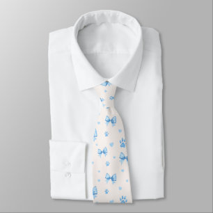 Blue Ribbon, Heart & Paw Print Pattern on White Tie