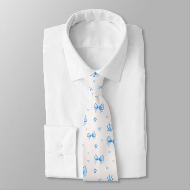 Blue Ribbon, Heart & Paw Print Pattern on White Tie (Tied)