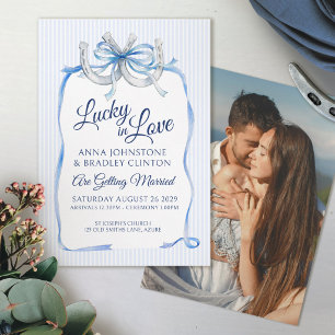 Blue ribbon lucky in love horseshoe  invitation