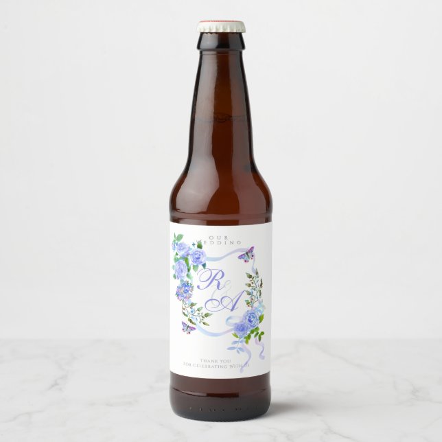Blue Ribbon Monogram Wedding  Beer Bottle Label (Front)