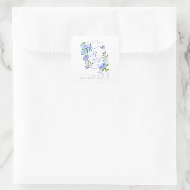 Blue Ribbon Monogram Wedding Square Sticker (Bag)