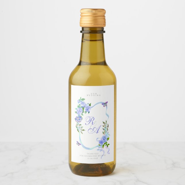 Blue Ribbon Monogram Wedding  Wine Label (Front)