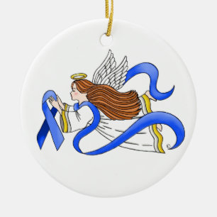 "Blue Ribbon" of Awareness Angel Ceramic Tree Decoration