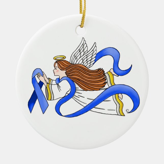 "Blue Ribbon" of Awareness Angel Ceramic Tree Decoration (Front)