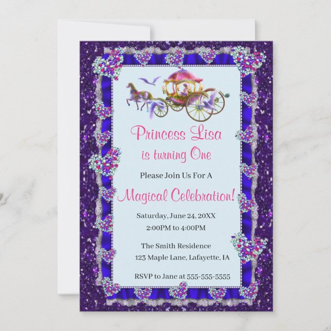 Blue Ribbon Purple Glitter Royal Princess Birthday Invitation (Front)