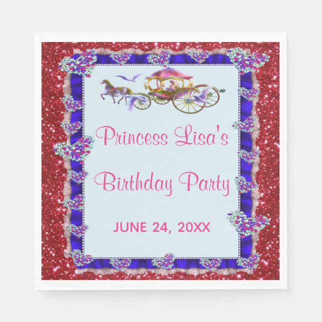 Blue Ribbon Red Glitter Royal Princess Birthday Napkin (Front)