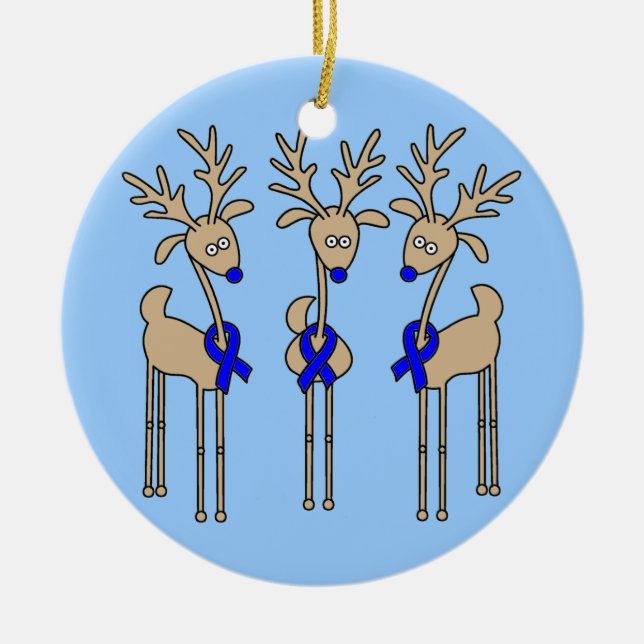 Blue Ribbon Reindeer (Colon Cancer) Ceramic Ornament (Front)
